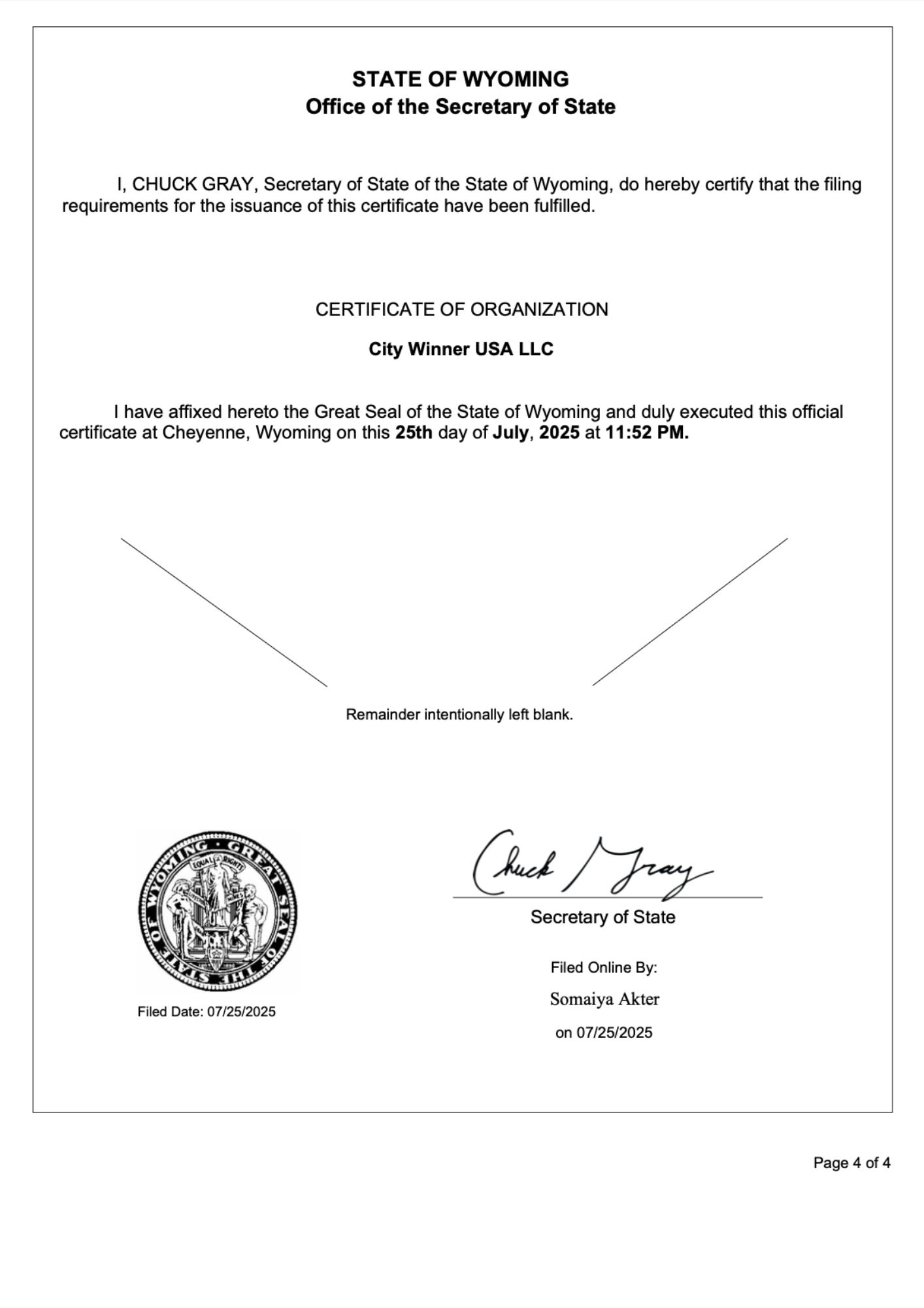 Articles of Organization City Winner USA LLC