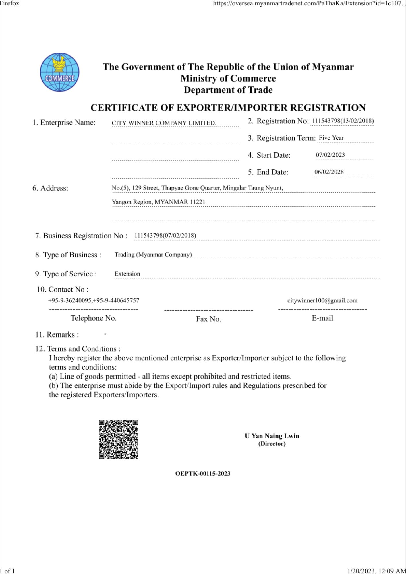 Certificate of import export of Myanmar