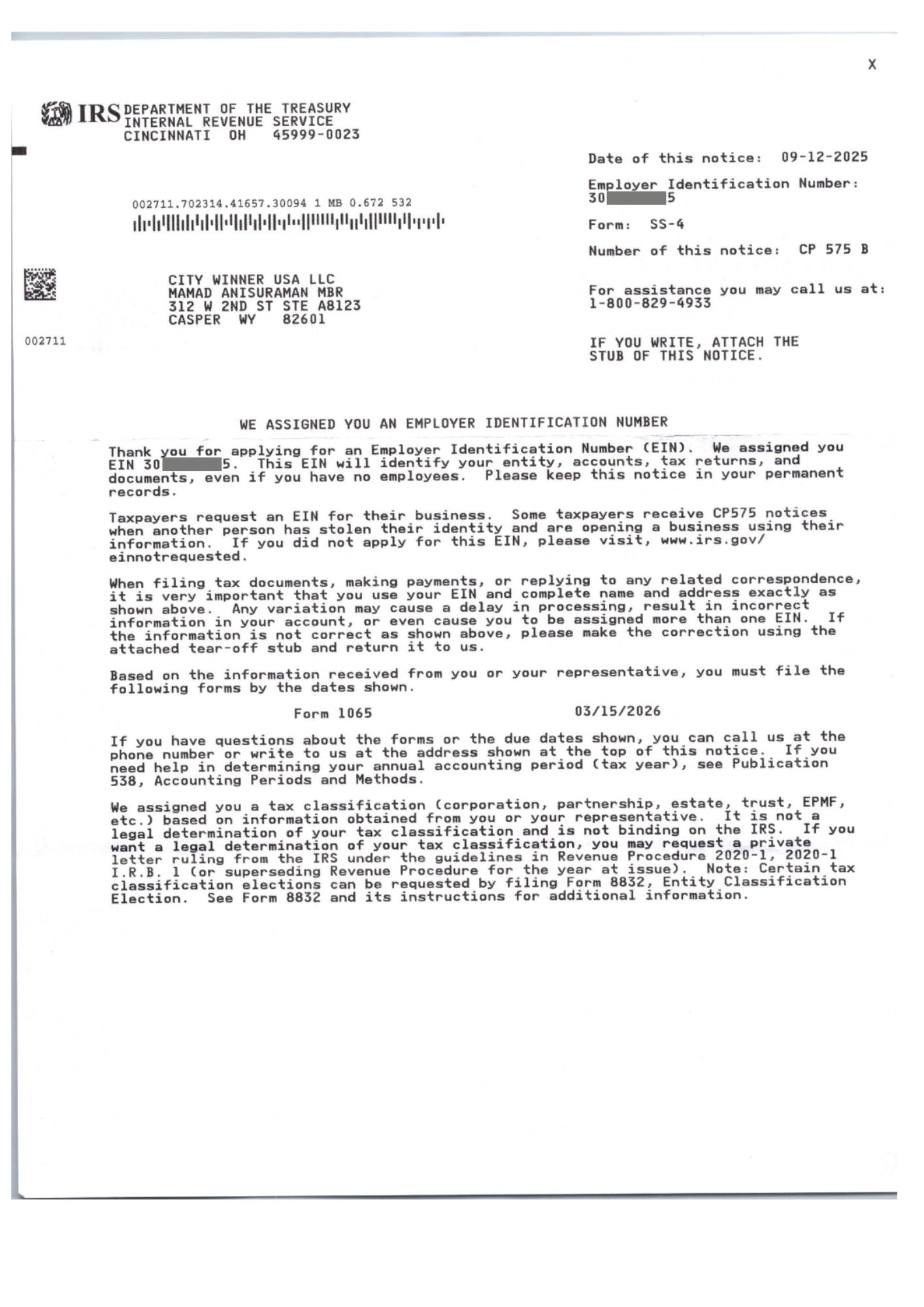 EIN Tax ID City Winner USA LLC